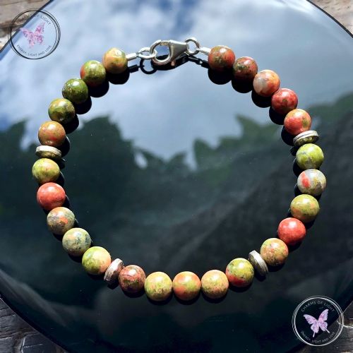 Unakite Bead Bracelet with Silver Discs
